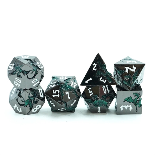 Metal Dragon Mat Sort Metal med Grønne Drager - Metal Rollespilsterninger - Epic Dwarf Dice